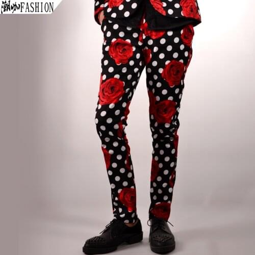 New Style Male Polka Dot Flower Print Slim Pants Fashion Casual Pants nightclub male singer dj stage trousers