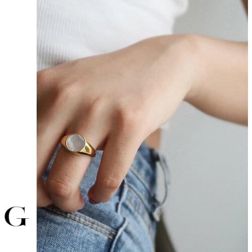 GHIDBK Minimalist Stainless Steel White Shell Geometric Circle Rings for Women Statement Street Style Fashion Jewelry Wholesale