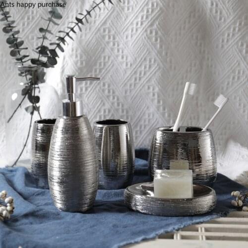 Creative Silver Brushed Ceramic Mouthwash Cup Soap Dispenser Bathroom Set Household Toothbrush Cup Hand Sanitizer Bottled Decor