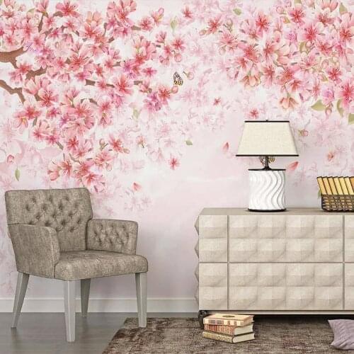 Custom 3D Mural Romantic Pastoral Hand Painted Butterfly Pink Flower Photo Wall Painting Children Room Bedroom Decor Wallpaper