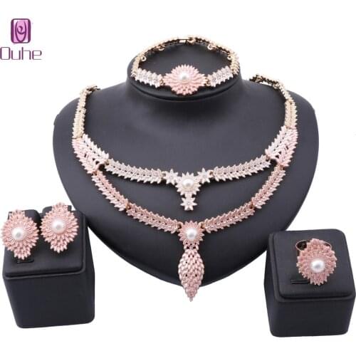 Luxury Dubai Gold Color Simulated Pearl Jewelry Sets Fashion Wedding African Beads Costume Necklace Earring Ring