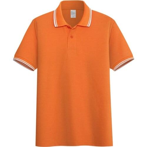 AOLIWEN Men Orange 65% Cotton Two Stripe Polo Shirt Button Solid Color Short Sleeve Summer Casual Sports Business tight Shirt