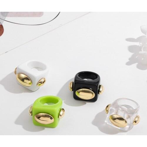 Spring and Summer Metal Splicing Beads Multicolor Ring Women Design Sense Niche Exaggerated Color Square Resin Ring