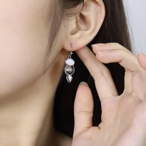 Vintage Imitation Moonstone Dangle White Color Earrings for Women Wedding Jewelry Boho Statement Long Pendant Earring Gift
