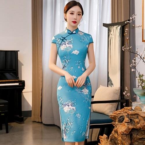 Plus Size 3XL Blue Slim Qipao Satin Classic Cheongsam Sexy Print Flower Chinese Dress Novelty Evening Party Dresses Vestidos