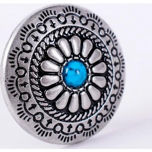 10PC 30MM Matt Antique Silver Tribal Flower Turquoise Bead Screwback Horse Tack Conchos Set