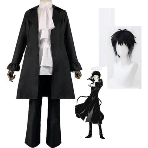 Anime Bungo Stray Dogs Ryunosuke Akutagawa Cosplay Costumes Trench Cloak Uniform Coat Akutagawa Ryunosuke Wig Halloween Party