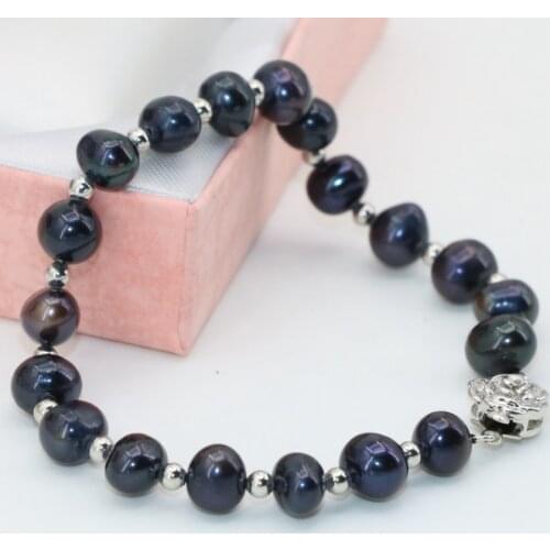 Free shipping original design high grade charms natural black pearl beads 7-8mm diy bracelets flower clasp jewelry 7.5inch B2803