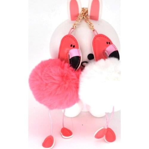 Hawaiian cocktail Wedding Hen Party Gifts Flamingo Keychain Fluffy Artificial Rabbit Fur Ball Key Chain Women Car Bag Key Ring