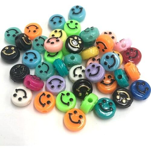 50pcs 10mm Fashion Engraved Acrylic Mixed Colorful Smiley Face Spacer Beads Diy Necklace Bracelet Jewelry Making Findings