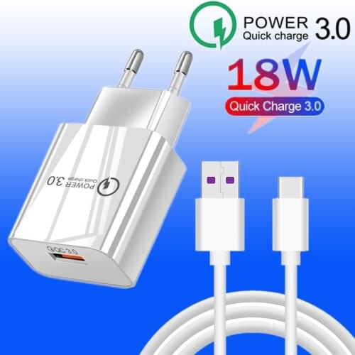 18W Fast Charger QC 3.0 Phone Charger Adapter For Xiaomi 11 Redmi Note 10 Pro Huawei Samsung S20 S21 A71 Type C Micro USB Cable