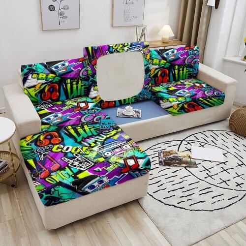 Graffiti Printed Sofa Seat Cushion Cover Elastic Sofa Covers for Living Room Couch Cover Pets Kids Furniture Protector 1-4 Seat
