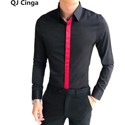 Black Red Striped Shirt Men 2021 Autumn Korean Slim Stripe Decoration Solid Color Shirt Men Long Sleeve Social Club Party Shirt