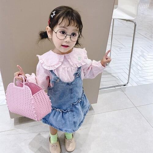 DFXD Spring Toddler Girl Clothes Set Cotton 2Pcs Kids Denim Overalls Skirts+Plaid Blouse Tops Clothes Outfits 2-7T Korean Style