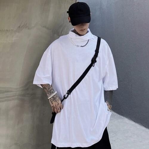 White short sleeve t-shirt mens summer loose casual basic color high collar cotton versatile solid color bottomed half sleeve T