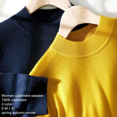 Naizaiga 100% cashmere Mock-neck solid yellow Navy blue three quarter spring slim sweater young girl pullovers , NSBL12