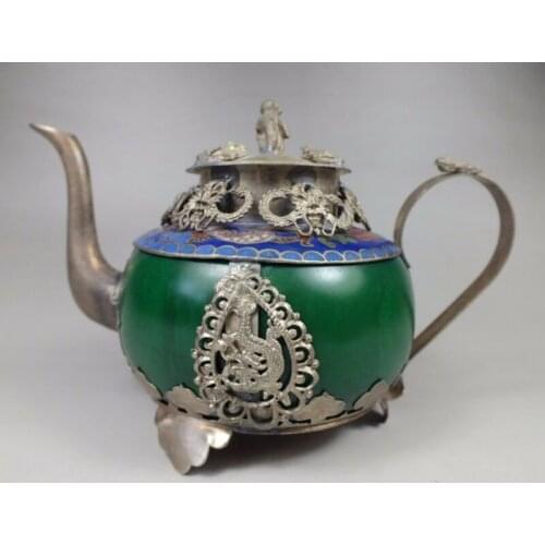 Chinese handwork old green jade bracelet inlay tibet-silver dragon teapot