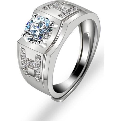 100% New 1 Carat Wide H Letter Resizable Ring Mozanstone Luxary Business Men Fashion Wedding Design Moissan Wholesale Hot Sale