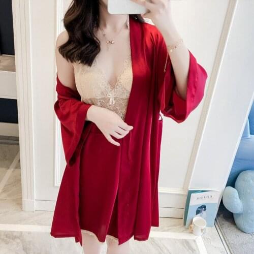 Spring Autumn Imitation Silk Nightdress Robe Two Pieces Lace Sexy Bathrobe Fancy Silk Backless Pajamas Casual Homewear халат