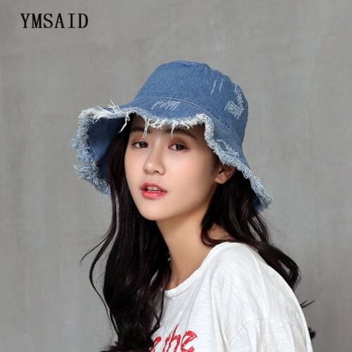 Ymsaid Summer Washed Denim Sunhat Women Fashion Tassel Floppy Cap Ladies Wide Brim Beach Bucket Hats Men Cotton Foldable Chapeu