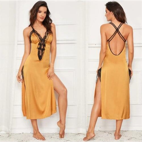 Sexy Long Nightdress Womens Nightgown Satin Lace High Split Erotic Sleep Dress Sexy Backless Sleepwear Nightie Summer Home Wear