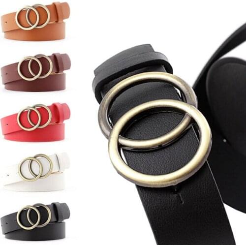 Girls Leather Belt Round Ring Metal Double Buckle Belt Waistband Belts