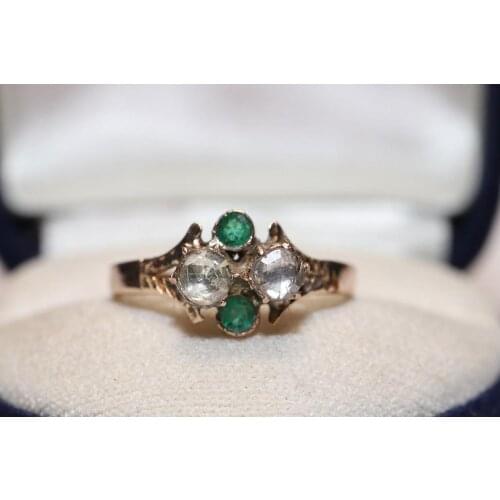 Antique Original 9K Gold Natural Rose Cut Diamond And Emerald Decorated Ottoman Amazing Pretty Ring