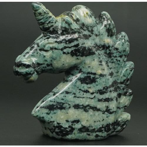 Unicorn Figurine 2" Green Zebra Jasper Healing Crystal Statue Home Decor