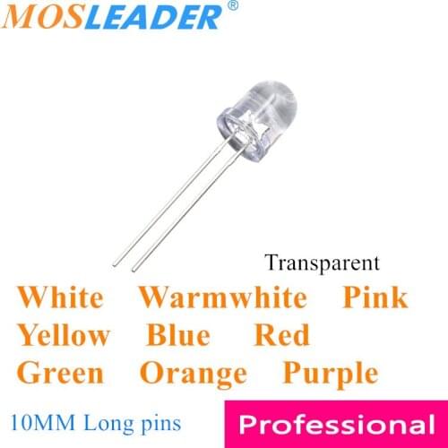 Mosleader 10MM DIP LED 1000PCS F10 Transparent White Warmwhite Yellow Blue Red Green Orange Purple Pink Long pins Round top