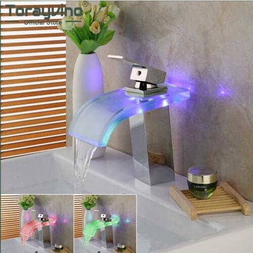 Torayvino LED Light Bathroom Faucets Basin Sink Deck Mounted Waterfall Single Handle Solid Brass Faucet Hot And Cold Mixer Tap