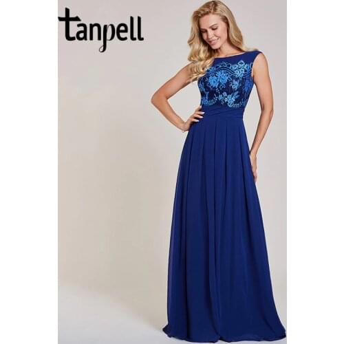 Tanpell appliques evening dress dark royal blue bateau neck sleeveless floor length a line gown women formal long evening dress