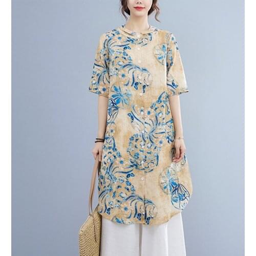 Women Cotton Linen Casual Long Shirts New Arrival 2021 Summer Vintage Style Floral Print Loose Female Half Sleeve Tops B149