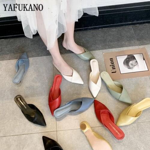 2020 New Women Low Heel Slippers Fashion Mules Shoes Pointed Toe Slides candy color Sandal Ladies Slides Flip Flop Zapatos Mujer