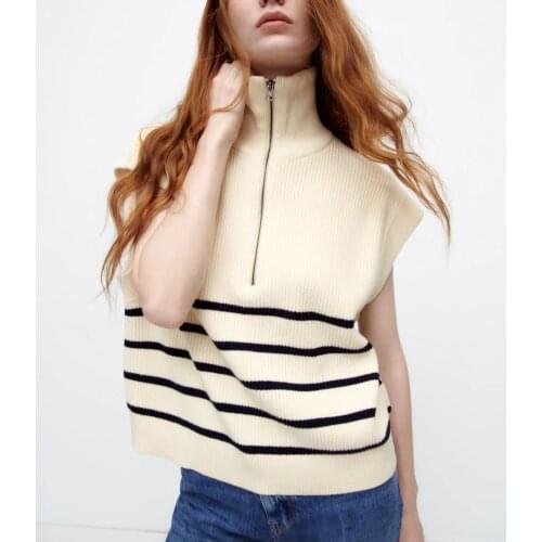 Za 2021 Winter High Neck Striped Knit Vest Women Vintage Sleeveless Waistcoat Chic Front Metal Zip Woman Casual Fitted Sweater