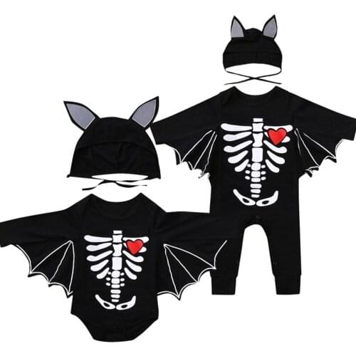 0-24M Infant Baby Boy Girl Halloween 2Pcs Clothes Set Black Printed Pattern Batwing Sleeves Romper and Cap