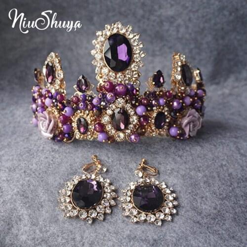 NiuShuya Baroque Purple Handmade Large Wedding Tiaras Crown Fascination European Bridal Jewelry Stage Headband Accessories