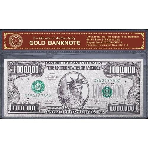 Color American Banknotes One Million Dollars Banknote in 24k Gold Plated With Plastic Frame For Gifts Wholesale
