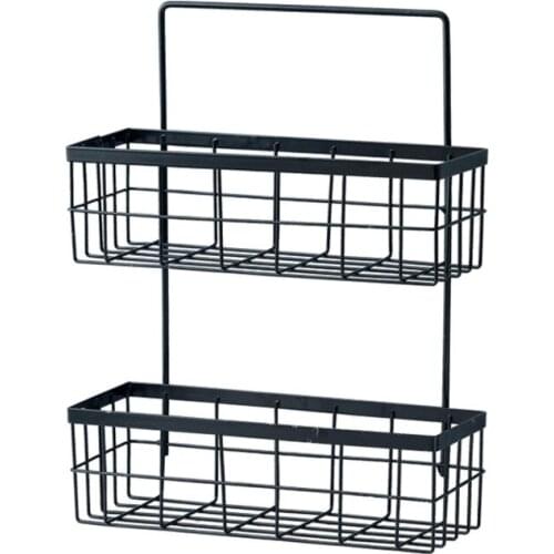 Punching-free kitchen and bathroom storage artifact rack solid color wall storage rack hanging basket double layer bathr