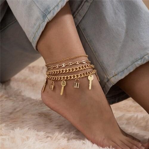 HI MAN 4 Pcs/Set Nordic Hybrid Key Lock Small Round Bead Anklet Women Creative High-Quality Daily All-Match Jewelry