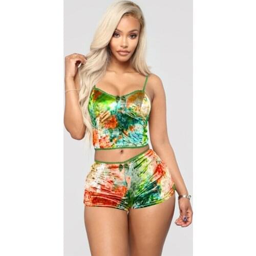 Sexy Women Bodycon Two pieces Sleepwear Pajamas set Lady Casual Bustier Sling Crop tops Shorts Printing underwear Velvet Clothes