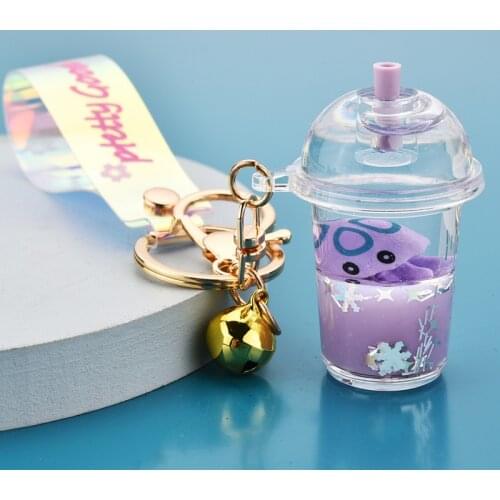 Creative Keys Leather Rope Liquid Floating Cup Keychain Cartoon Marine Animal Octopus Doll Key Ring Women Men Car Bag Key Holder