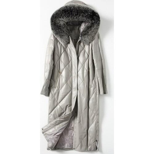 Fashionable Autumn Winter Leather Fur Women Sheep Skin Down Long Fox Fur Coat Thick Warm High Quality Office Gray Large Outwear