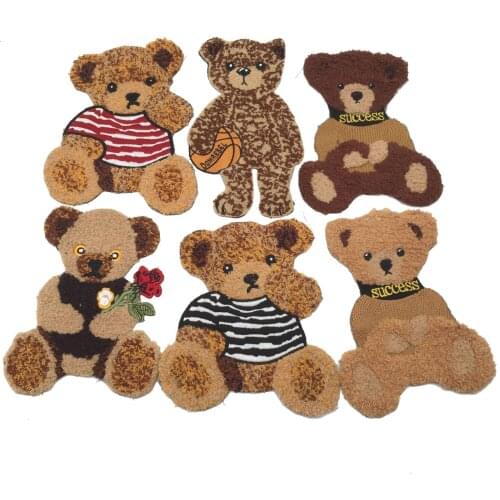 New Custom Brown Chenille Bear Patches 3D Bear Badge Animal Sew on Embroidered Appliques for Hoddlies Chlothes