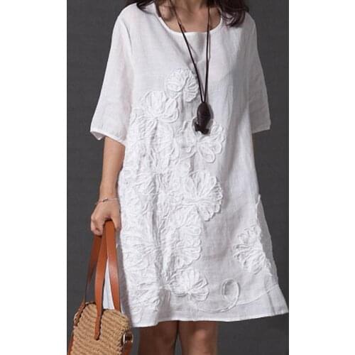3xl Plus Size Dress Women Cotton Linen Casual Loose Shirt Dress Vintage Embroidery Female Half Sleeve Robe Vestidos Summer