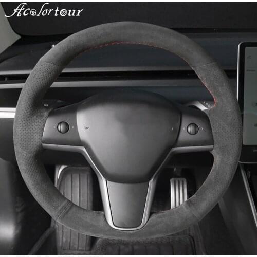 DIY Hand Sewing Car Steering Wheel Wraps for Tesla Model 3 Alcantara Protective Cover Anti-slip Breathable Case Car Styling