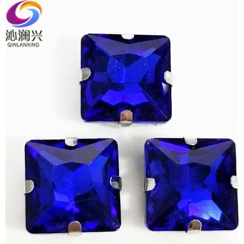 Royalblue top quality Glass Crystal sew on stones,square shape claw rhinestone with holes,Diy/Clothing accessorie SWZ411