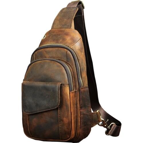 Genuine Leather Bag Men Sling Back Pack Shoulder Rucksack Cross Body Multi-Pockets Crazy Horse Cowhide Messenger Chest Bags