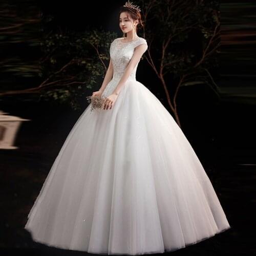 Wedding Dresses Illusion O-Neck Short Tulle Lace Up Sequined Beading Luxury White Floor-Length Elegant Women Bridal Gown G507