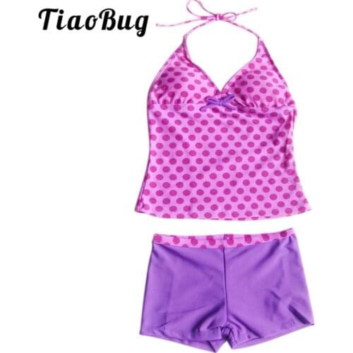 TiaoBug Summer Kids Teens Purple Halter Polka Dots Tankini Swimwear Swimsuit Girls Swim Tops with Shorts Bikini Set Bathing Suit