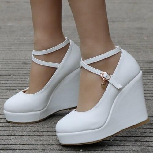 New White Platform Wedges Shoes Pumps Women High Heels Platform Shoes Round Toe Wedges Pumps Cross Tie Wedges Heels
